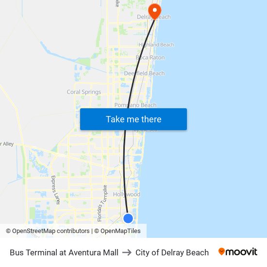 Bus Terminal at Aventura Mall to City of Delray Beach map