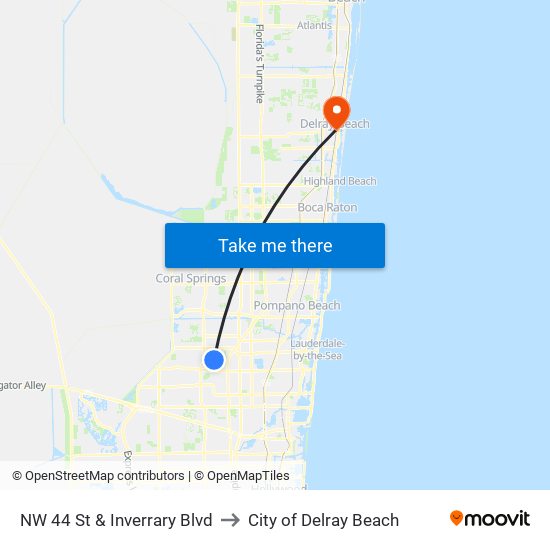 NW 44 St & Inverrary Blvd to City of Delray Beach map