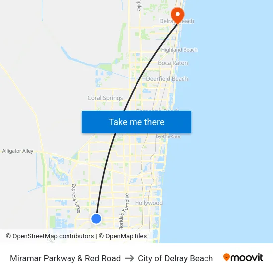 Miramar Parkway & Red Road to City of Delray Beach map