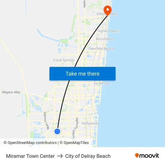 Miramar Town Center to City of Delray Beach map