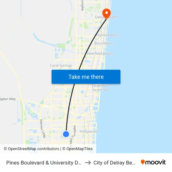 Pines Boulevard & University Drive to City of Delray Beach map