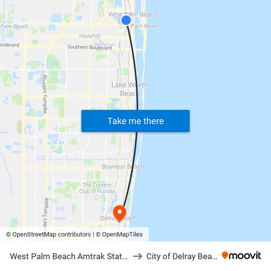 West Palm Beach Amtrak Station to City of Delray Beach map