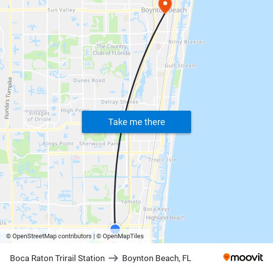 Boca Raton Trirail Station to Boynton Beach, FL map