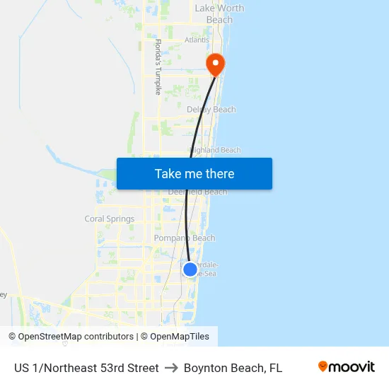 US 1/Northeast 53rd Street to Boynton Beach, FL map