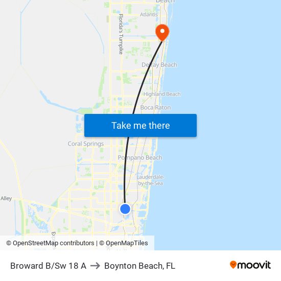 Broward B/Sw 18 A to Boynton Beach, FL map