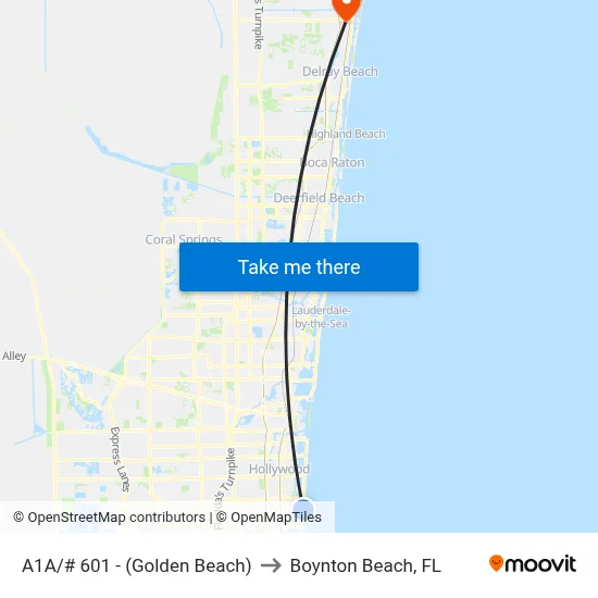 A1A/# 601 - (Golden Beach) to Boynton Beach, FL map