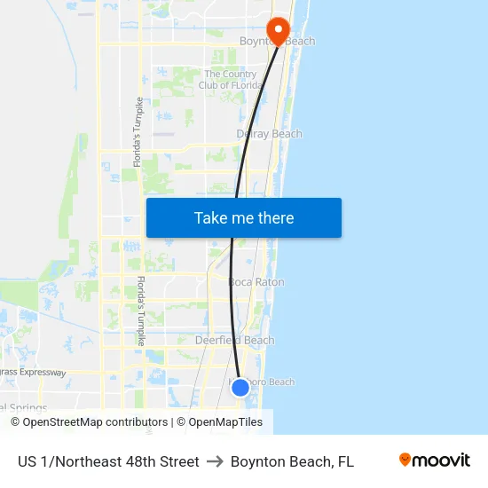 US 1/Northeast 48th Street to Boynton Beach, FL map