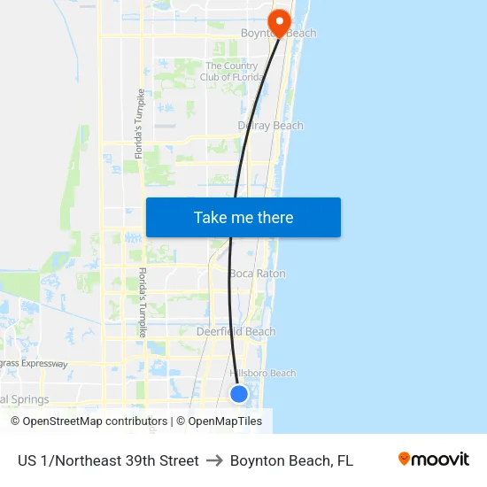 US 1/Northeast 39th Street to Boynton Beach, FL map