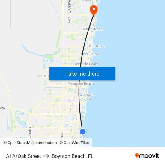 A1A/Oak Street to Boynton Beach, FL map