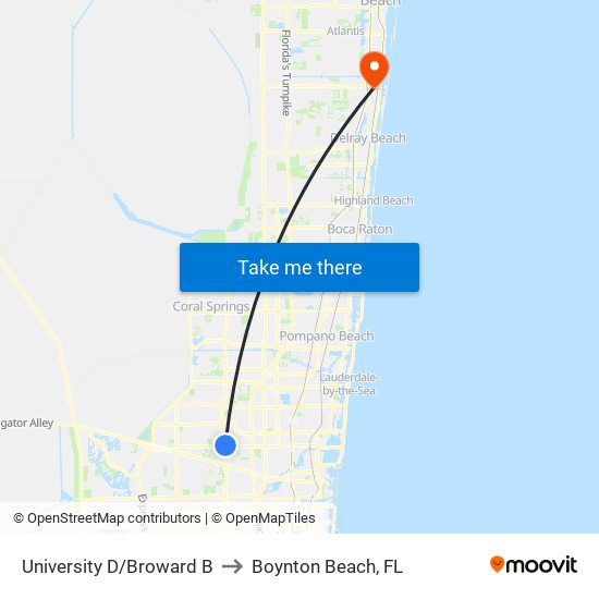 University D/Broward B to Boynton Beach, FL map