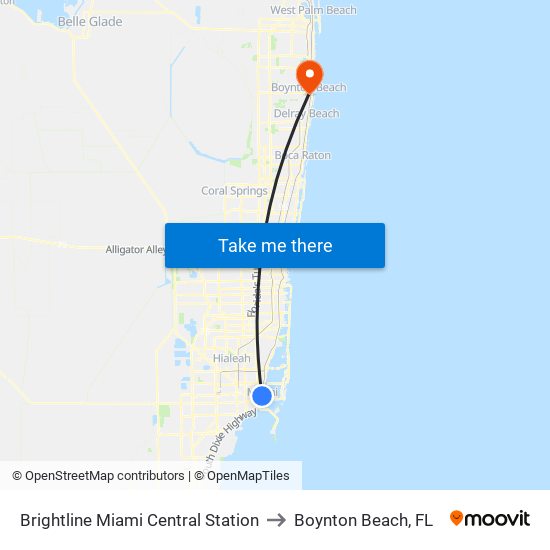 Brightline Miami Central Station to Boynton Beach, FL map