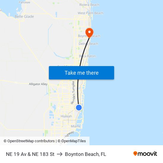 NE 19 Av & NE 183 St to Boynton Beach, FL map