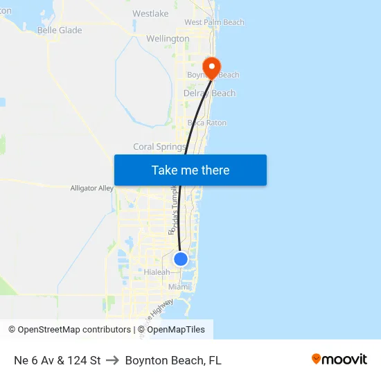 Ne 6 Av & 124 St to Boynton Beach, FL map