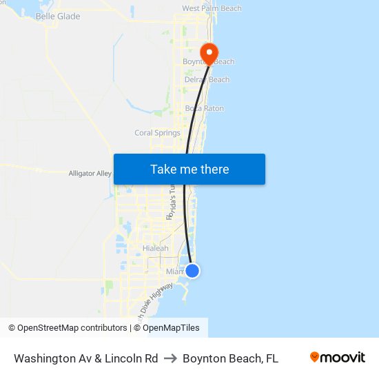 Washington Av & Lincoln Rd to Boynton Beach, FL map