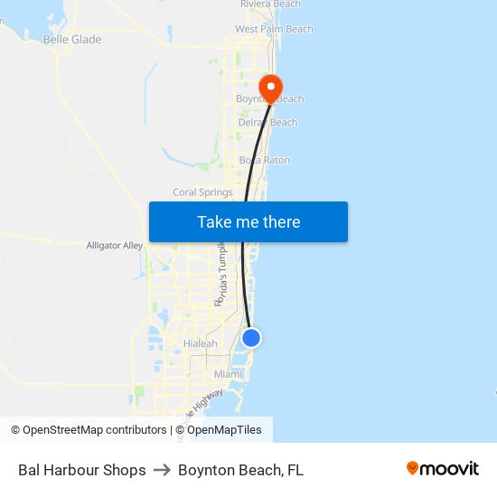 Bal Harbour Shops to Boynton Beach, FL map