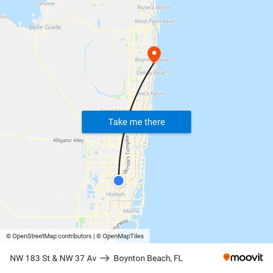 NW 183 St & NW 37 Av to Boynton Beach, FL map