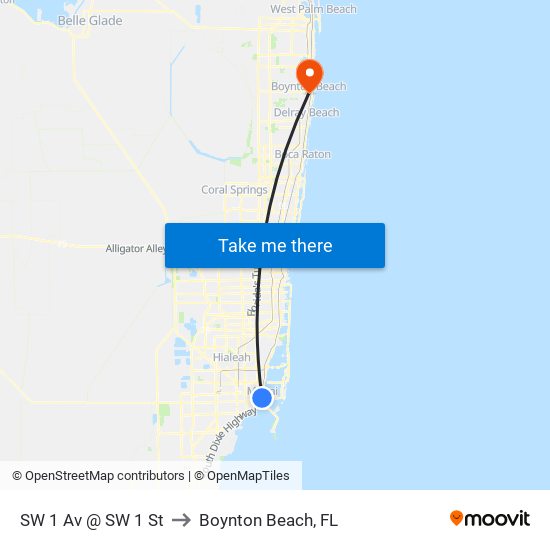 SW 1 Av @ SW 1 St to Boynton Beach, FL map
