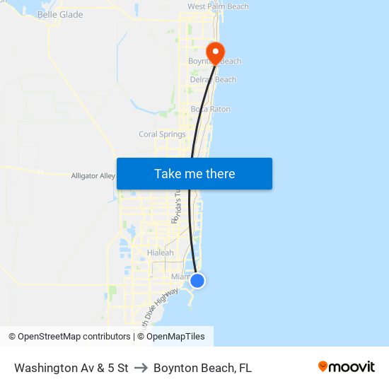 Washington Av & 5 St to Boynton Beach, FL map