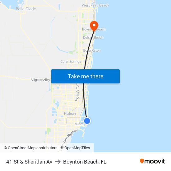 41 St & Sheridan Av to Boynton Beach, FL map