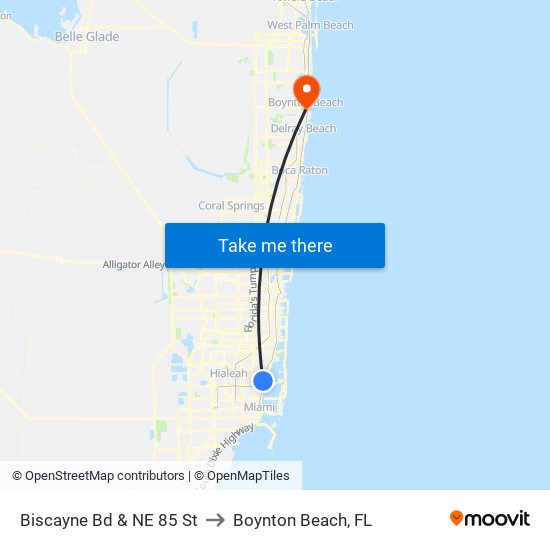 Biscayne Bd & NE 85 St to Boynton Beach, FL map