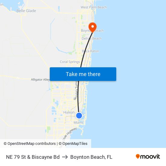 NE 79 St & Biscayne Bd to Boynton Beach, FL map