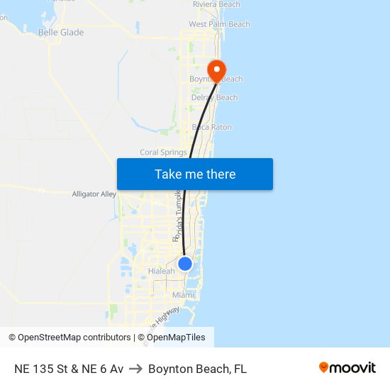 NE 135 St & NE 6 Av to Boynton Beach, FL map