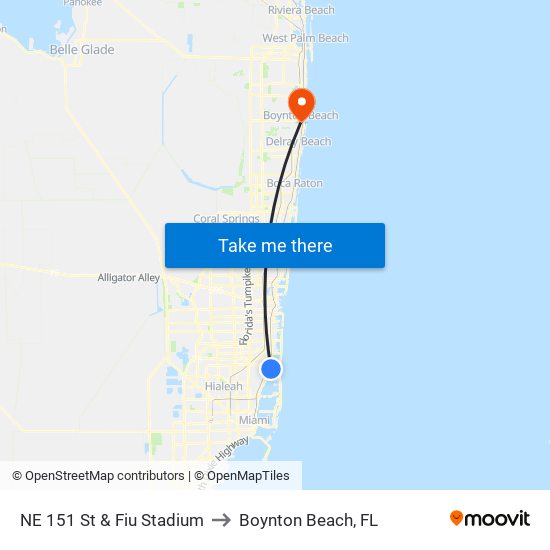 NE 151 St & Fiu Stadium to Boynton Beach, FL map
