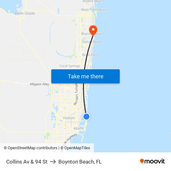 Collins Av & 94 St to Boynton Beach, FL map