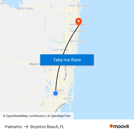 Palmetto to Boynton Beach, FL map