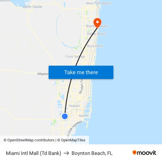 Miami Intl Mall (Td Bank) to Boynton Beach, FL map