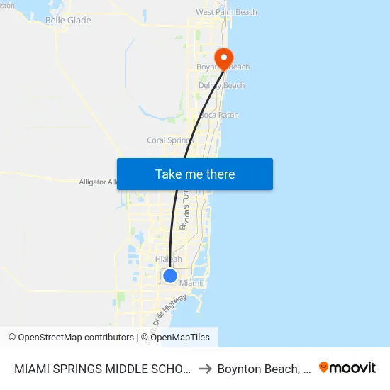 Miami Springs Middle School to Boynton Beach, FL map