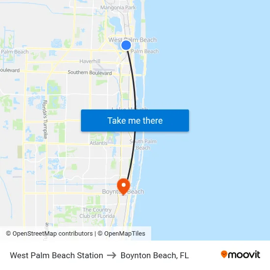 West Palm Beach Station to Boynton Beach, FL map
