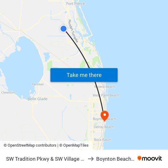 SW Tradition Pkwy & SW Village Point to Boynton Beach, FL map