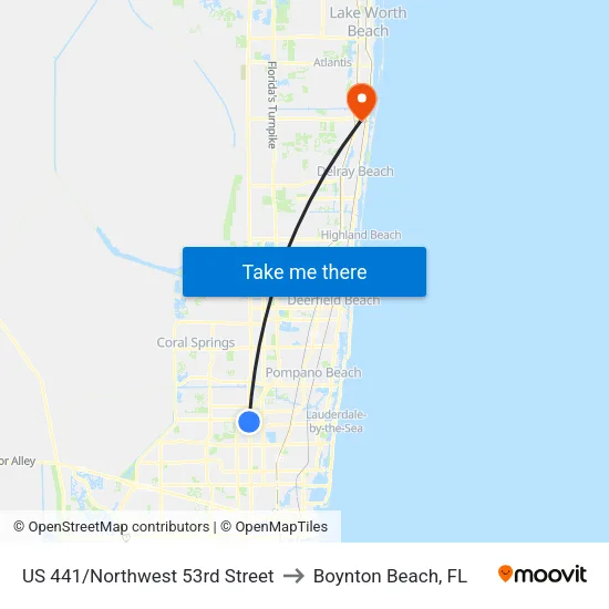 US 441/Northwest 53rd Street to Boynton Beach, FL map