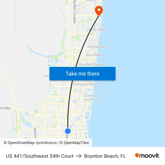 US 441/Southwest 54th Court to Boynton Beach, FL map