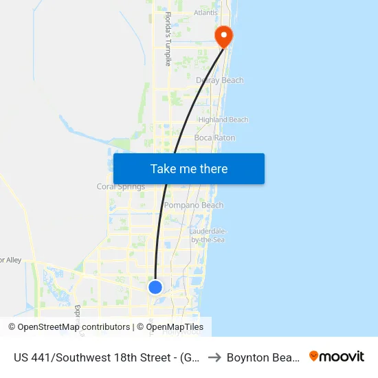 US 441/Southwest 18th Street - (Gunther Kia) to Boynton Beach, FL map