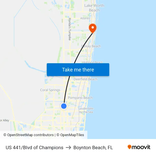 US 441/Blvd of Champions to Boynton Beach, FL map