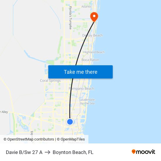 Davie B/Sw 27 A to Boynton Beach, FL map