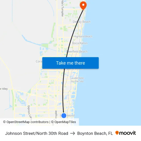 Johnson Street/North 30th Road to Boynton Beach, FL map