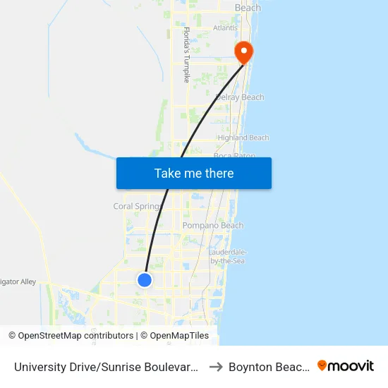 University Drive/Sunrise Boulevard (North) to Boynton Beach, FL map