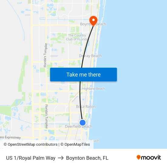 US 1/Royal Palm Way to Boynton Beach, FL map