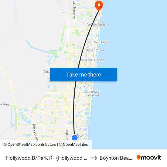 Hollywood B/Park R - (Hollywood Hills P&R) to Boynton Beach, FL map