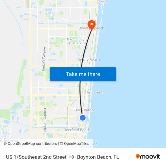 US 1/Southeast 2nd Street to Boynton Beach, FL map