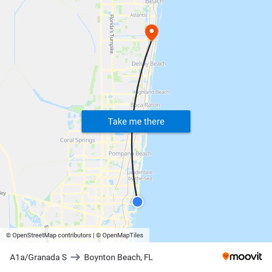 A1a/Granada S to Boynton Beach, FL map