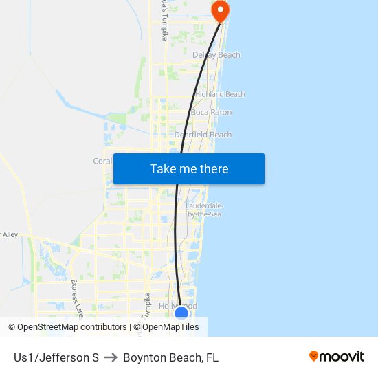 Us1/Jefferson S to Boynton Beach, FL map