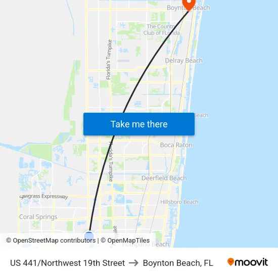 US 441/Northwest 19th Street to Boynton Beach, FL map
