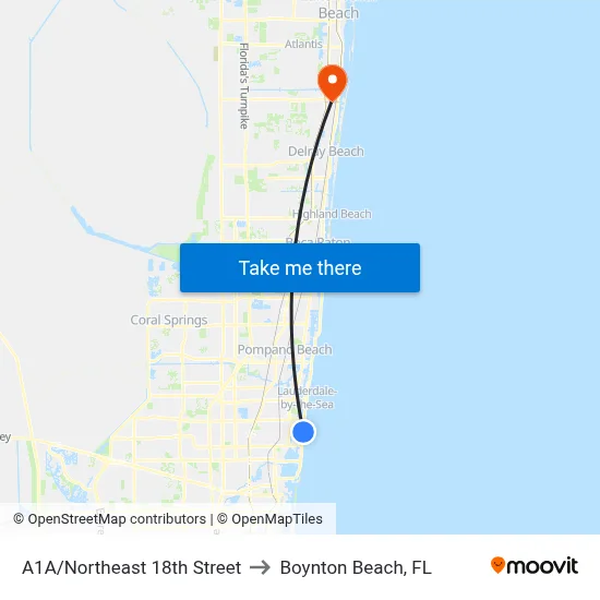 A1A/Northeast 18th Street to Boynton Beach, FL map