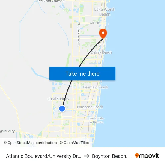Atlantic Boulevard/University Drive to Boynton Beach, FL map