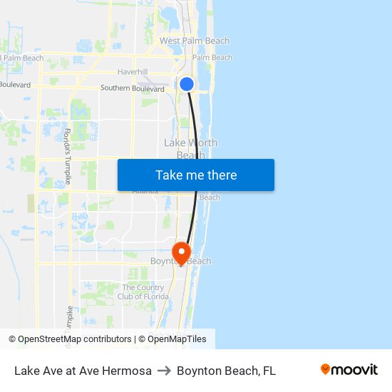 Lake Ave at Ave Hermosa to Boynton Beach, FL map