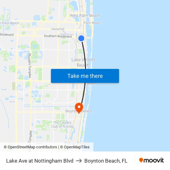 Lake Ave at Nottingham Blvd to Boynton Beach, FL map